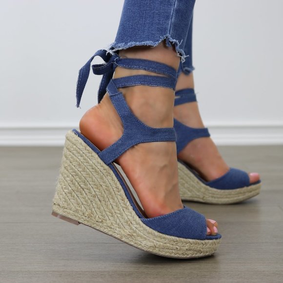 Denim Glamorous Ankle Tie Espadrille Wedge - Picture 3 of 7